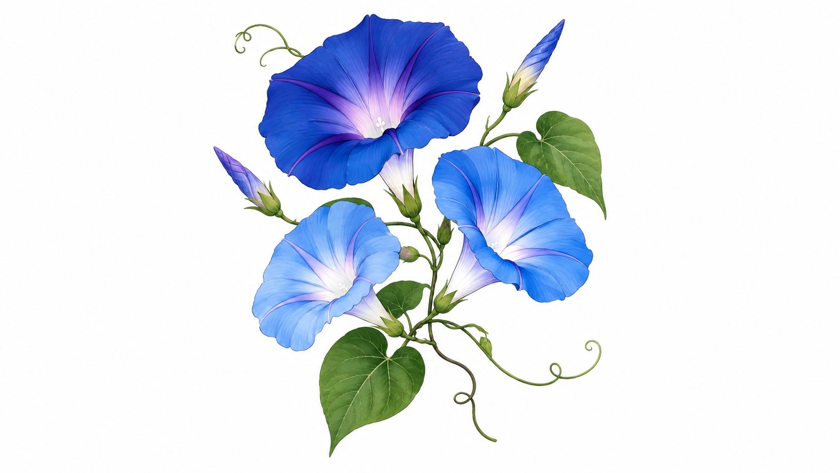 A beautiful illustration of vibrant blue morning glory flowers with green leaves and curling vines.
