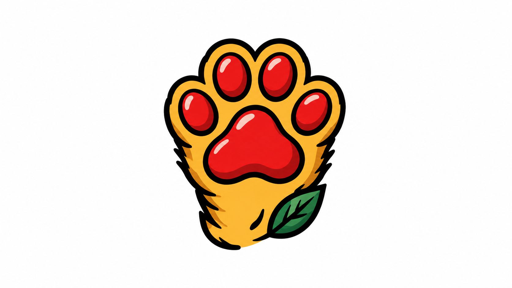 A stylized illustration of a golden cat paw with red pads and a single green leaf
