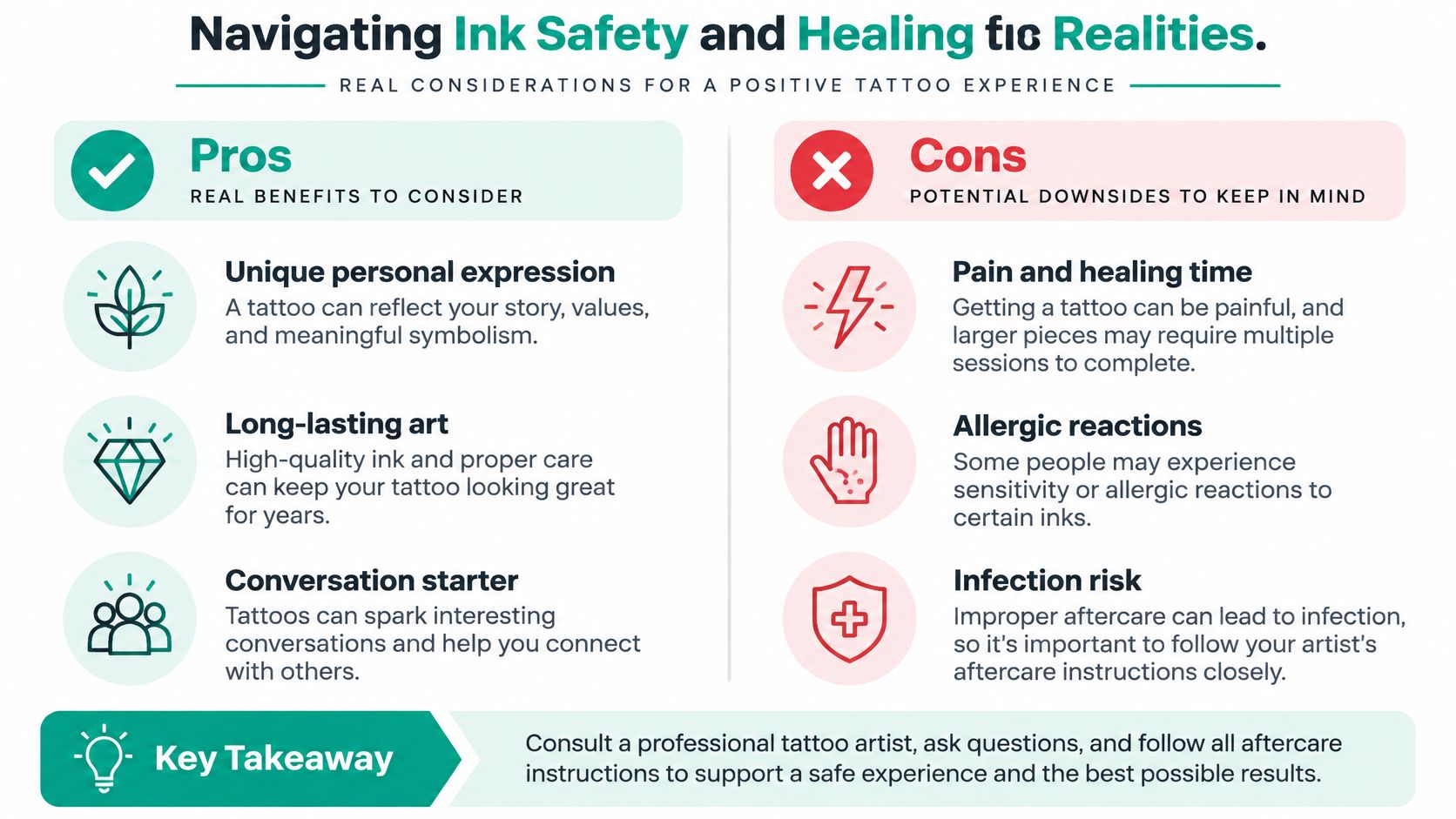 A helpful infographic outlining the pros and cons of getting a tattoo for informed decision-making.
