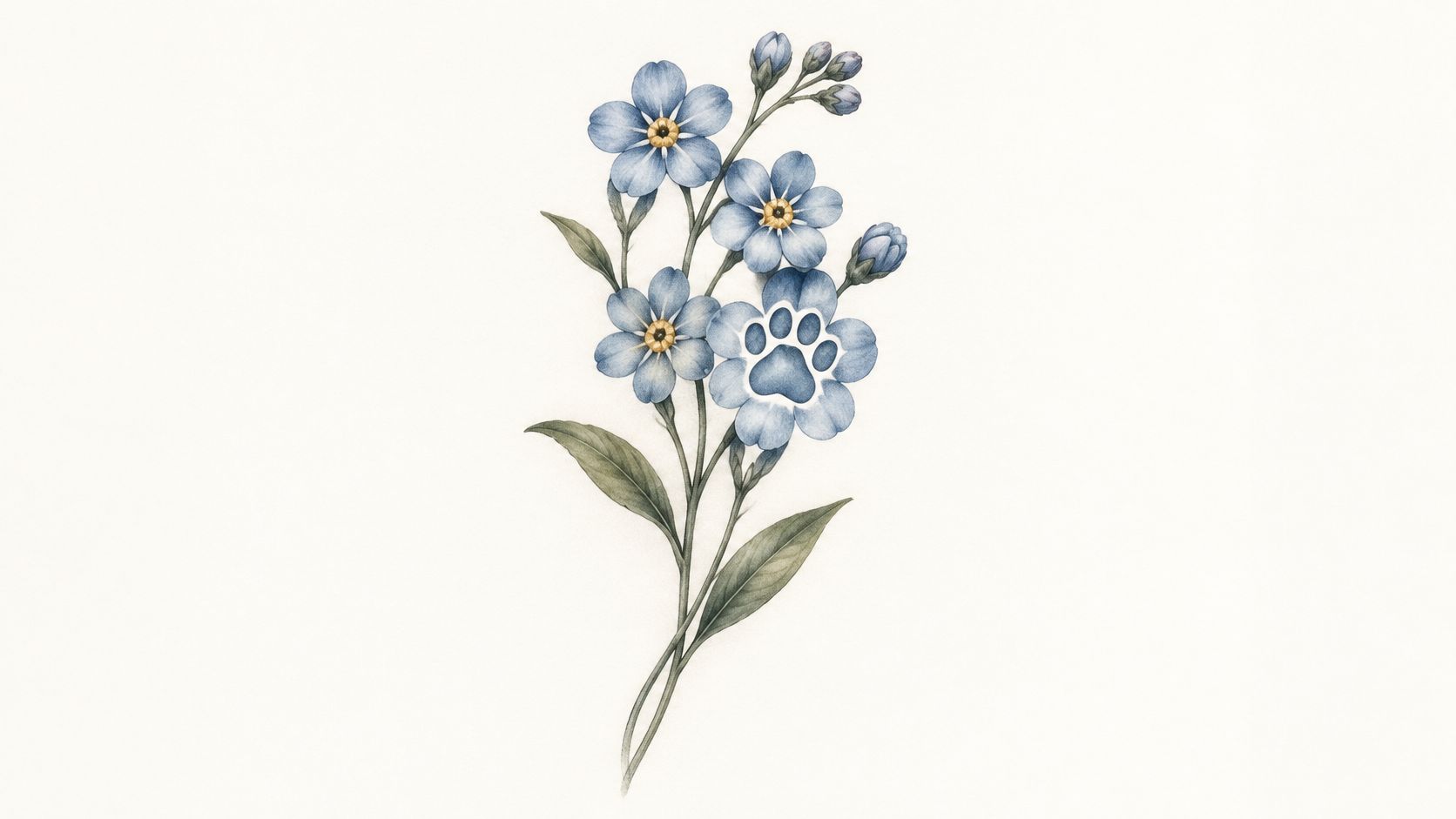 A delicate watercolor painting of blue forget-me-not flowers featuring a subtle paw print design in the center.