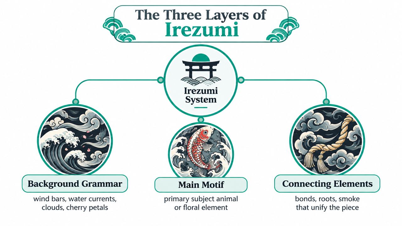 An infographic titled The Three Layers of Irezumi explaining the structure of traditional Japanese tattoos through three components.
