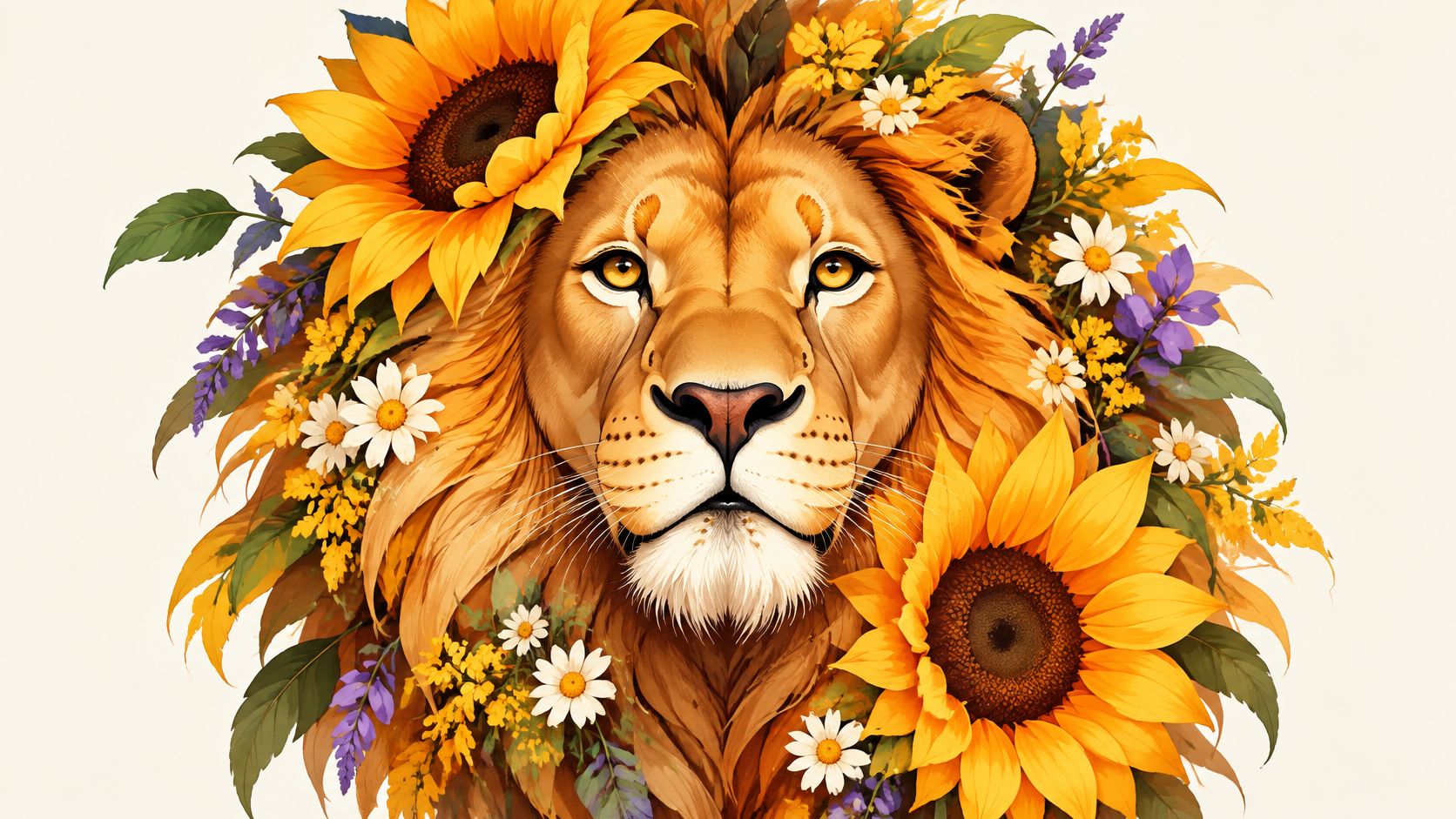 A majestic lion head adorned with large yellow sunflowers and small white daisies on a background.