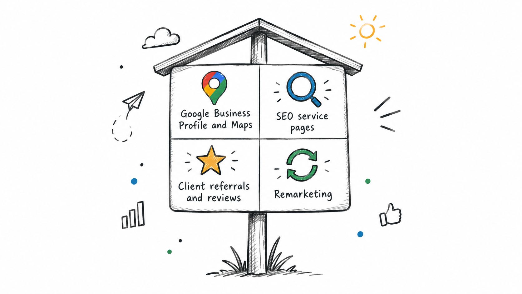 A hand-drawn illustration showing a signpost with four sections for lead generation marketing strategies.