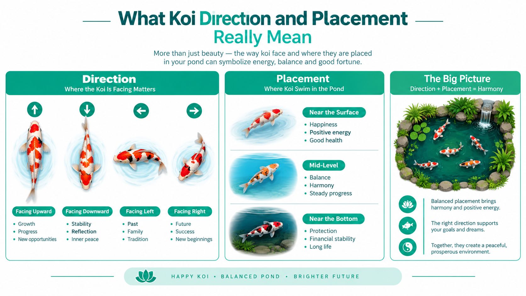 An infographic detailing the symbolic meanings of koi fish direction and placement within a garden pond.