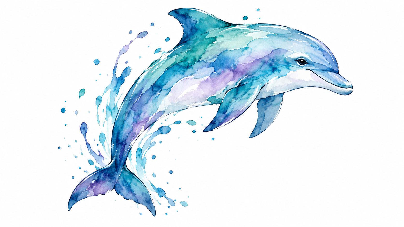 A beautiful watercolor illustration of a leaping dolphin surrounded by artistic blue and purple paint splashes.