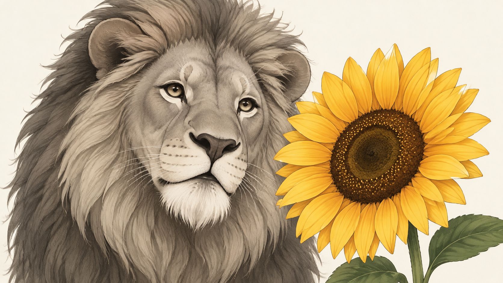 A close-up illustration of a majestic lion head positioned next to a large, bright yellow sunflower.