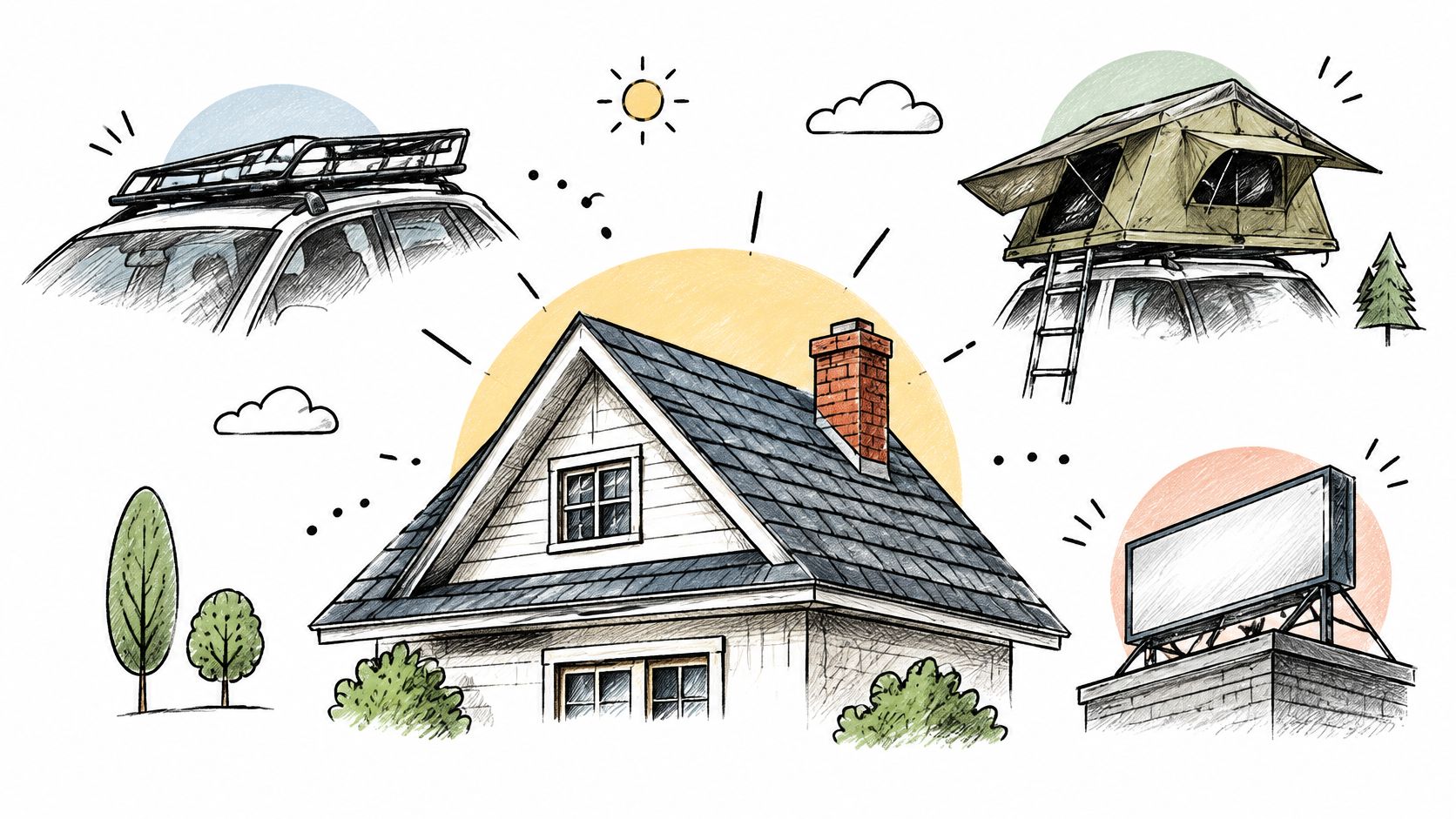 A hand-drawn illustration depicting a house surrounded by icons of a car roof rack, camping, and advertising.