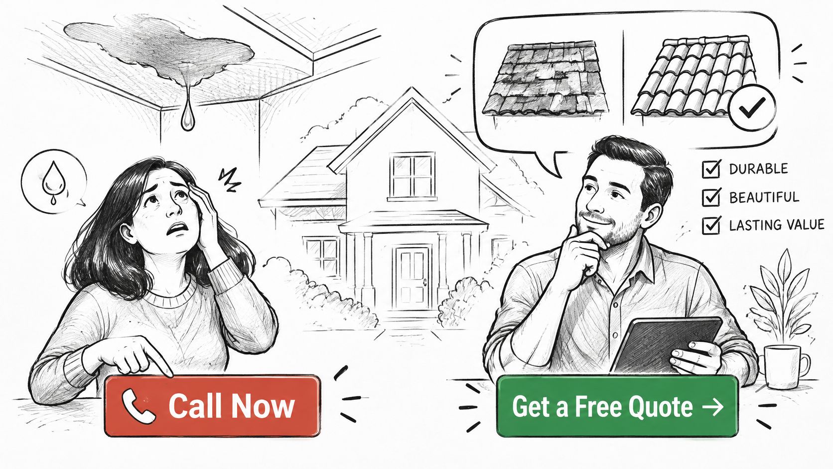 A split illustration showing a woman distressed by a leaking roof and a man researching new roofing options.