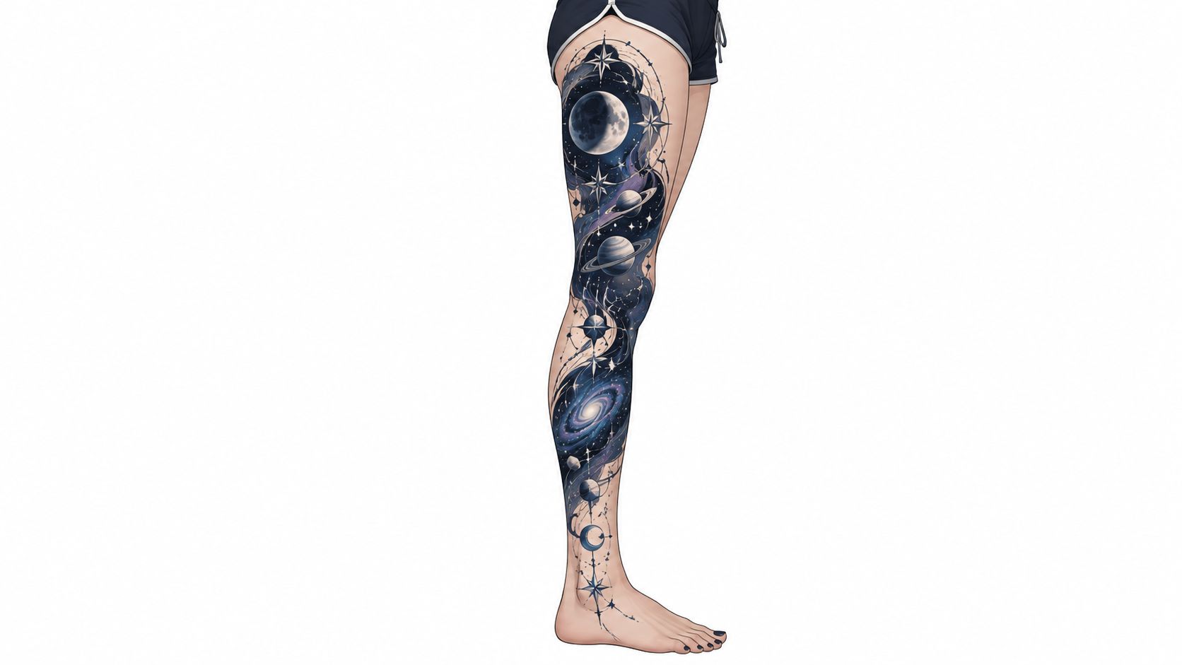 A detailed full leg tattoo design featuring planets, a galaxy, stars, and celestial elements on skin.