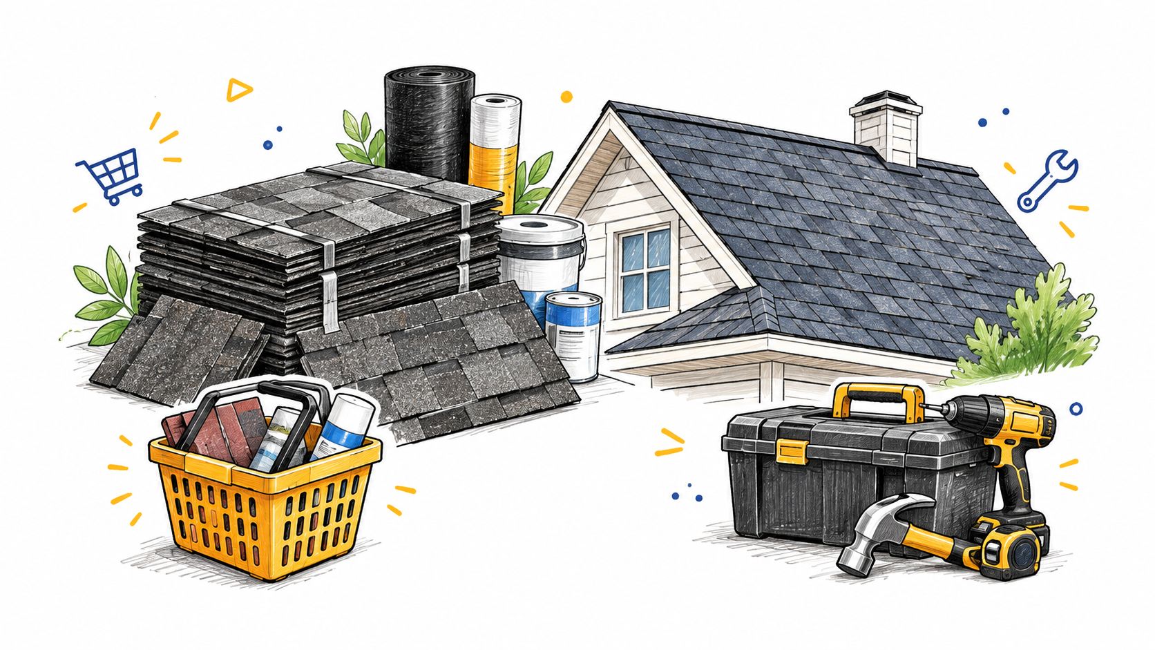 A collection of roofing materials, tools, and a house model representing home improvement and construction services.