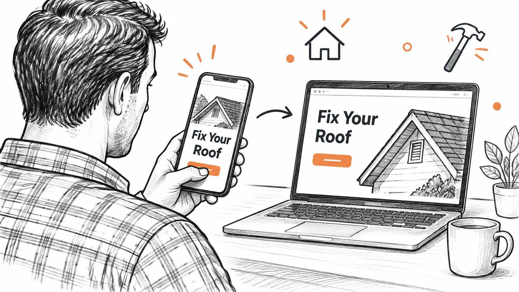 A man looking at a smartphone next to a laptop displaying a roof repair landing page design.