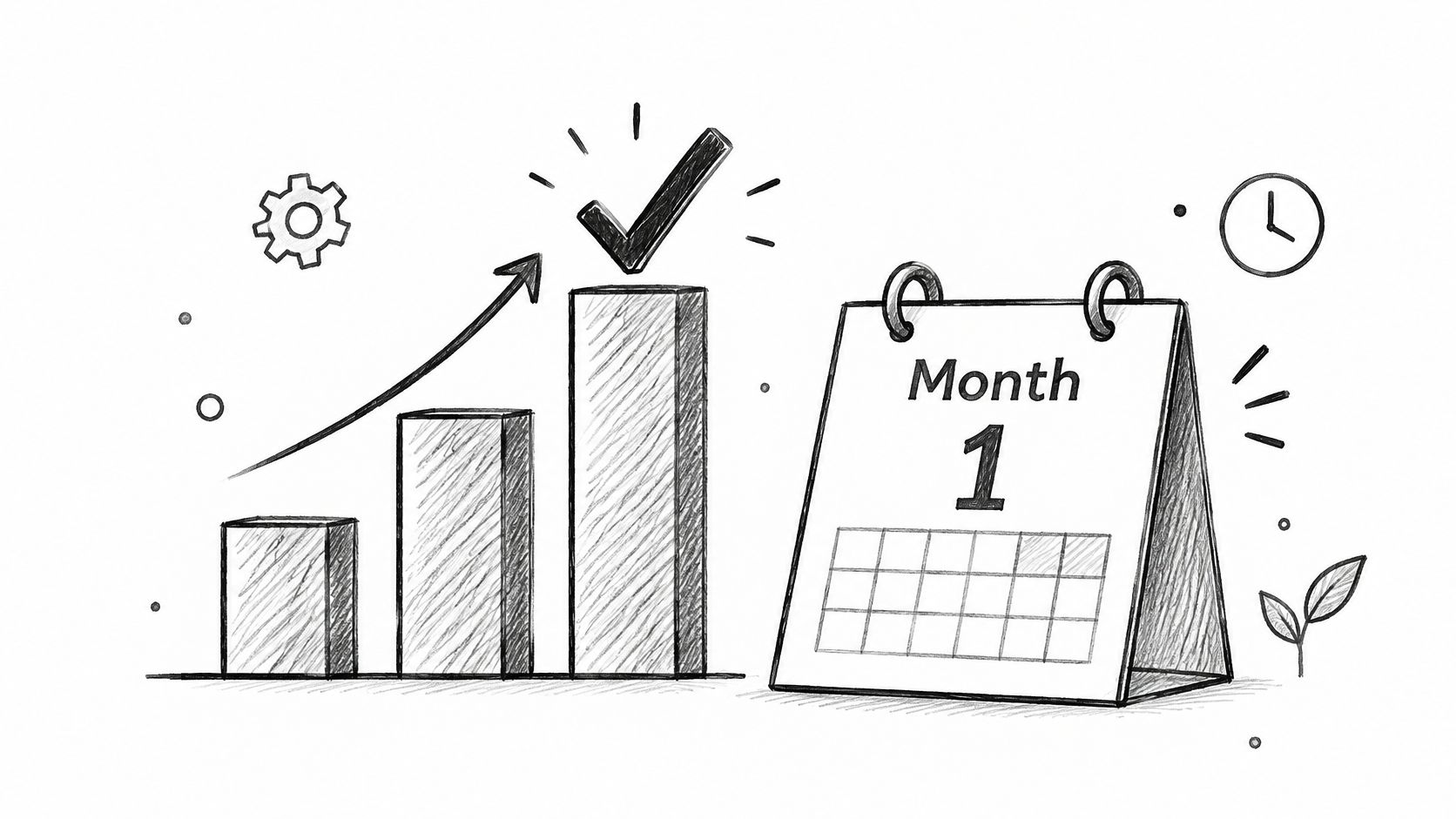 A pencil sketch of a bar graph with an upward arrow and a calendar marked Month 1