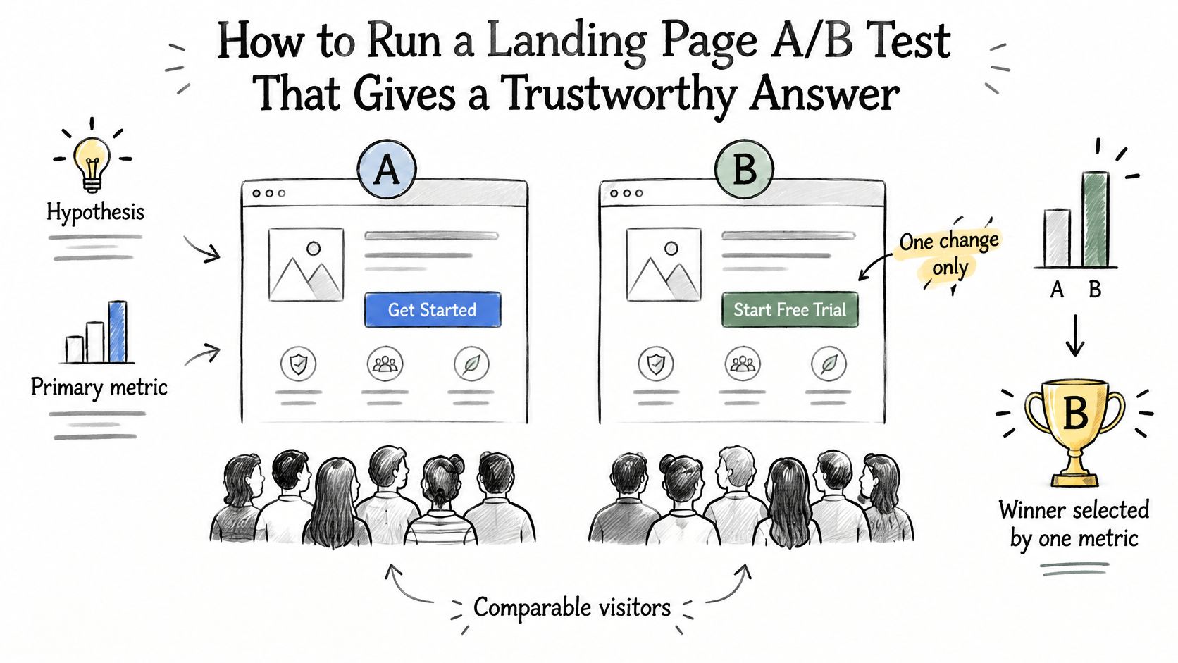 A hand-drawn illustration showing the steps to run a trustworthy A/B test on a landing page.