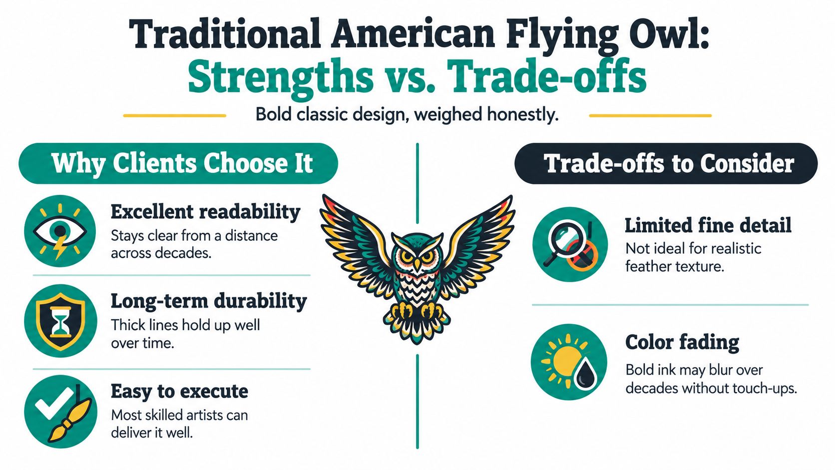 An infographic titled Traditional American Flying Owl comparing the strengths and trade-offs of this tattoo style.