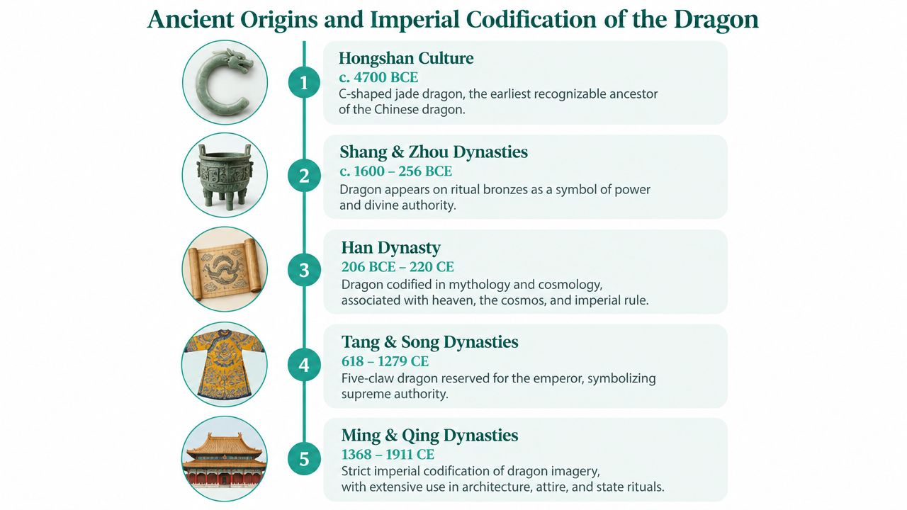 A timeline infographic titled Ancient Origins and Imperial Codification of the Dragon showing the evolution of the Chinese dragon.