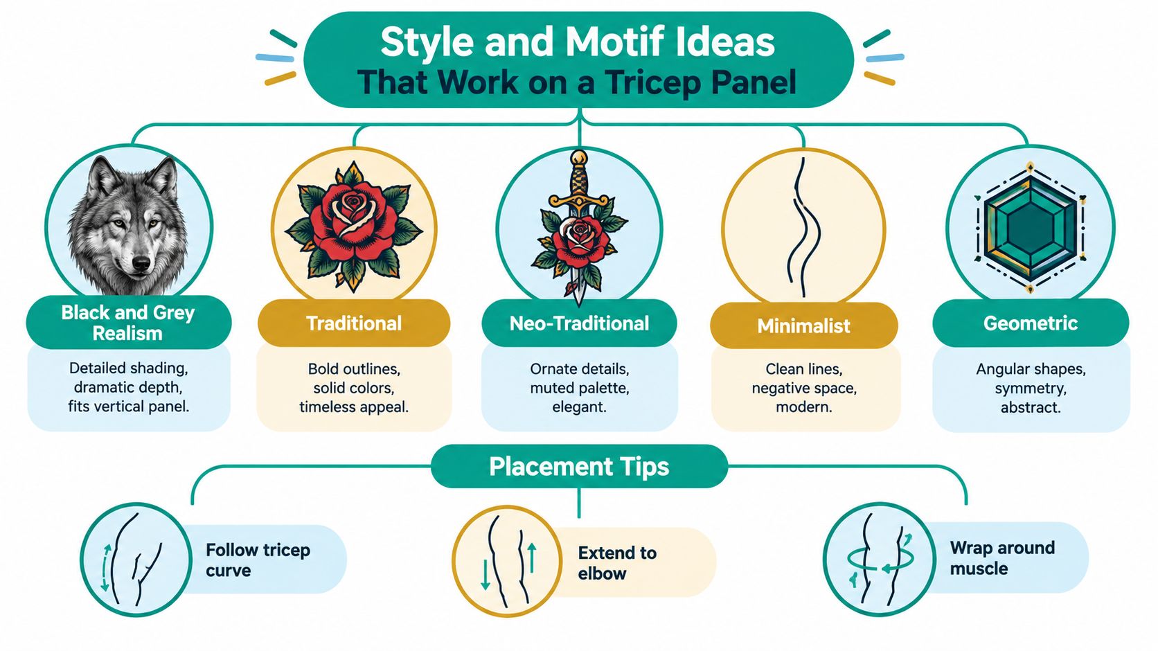 A visual guide showing various tattoo styles and placement tips for the back of the arm.