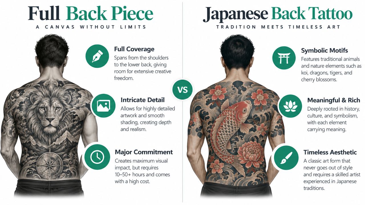 An infographic comparing a modern full back piece tattoo with a traditional Japanese back tattoo design.