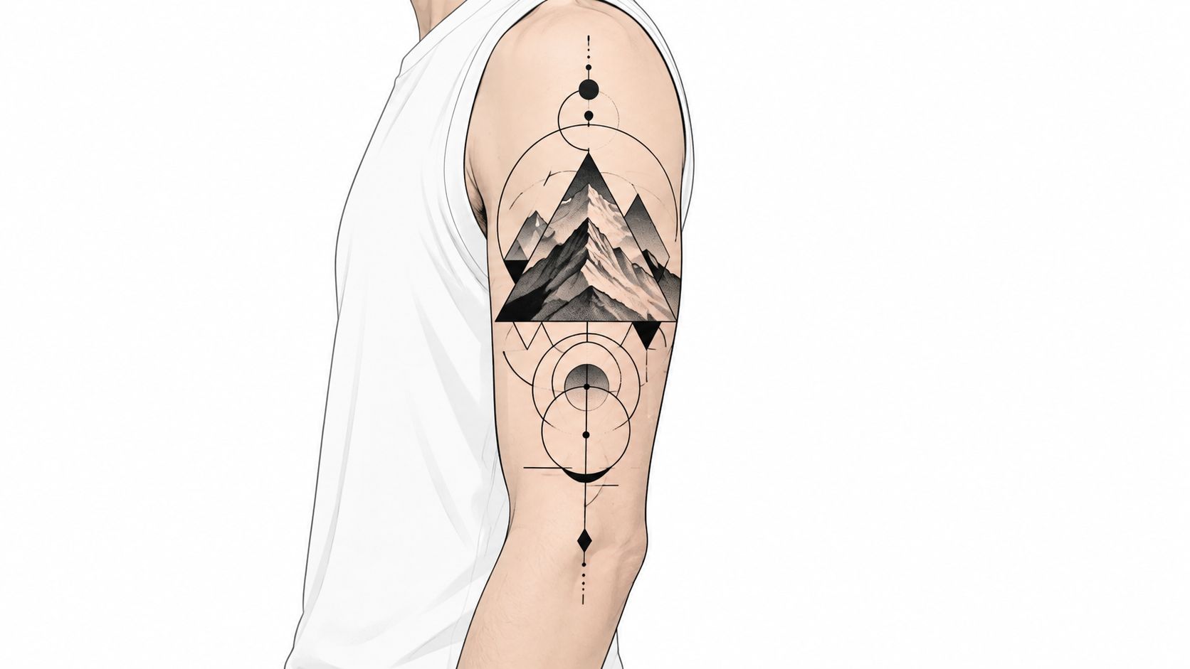 A geometric mountain range tattoo design showcased on a man's upper arm against a white background.