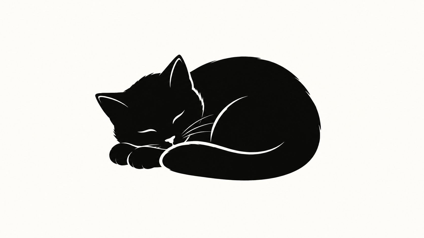 A minimalist black silhouette of a cute sleeping cat curled up on a white background