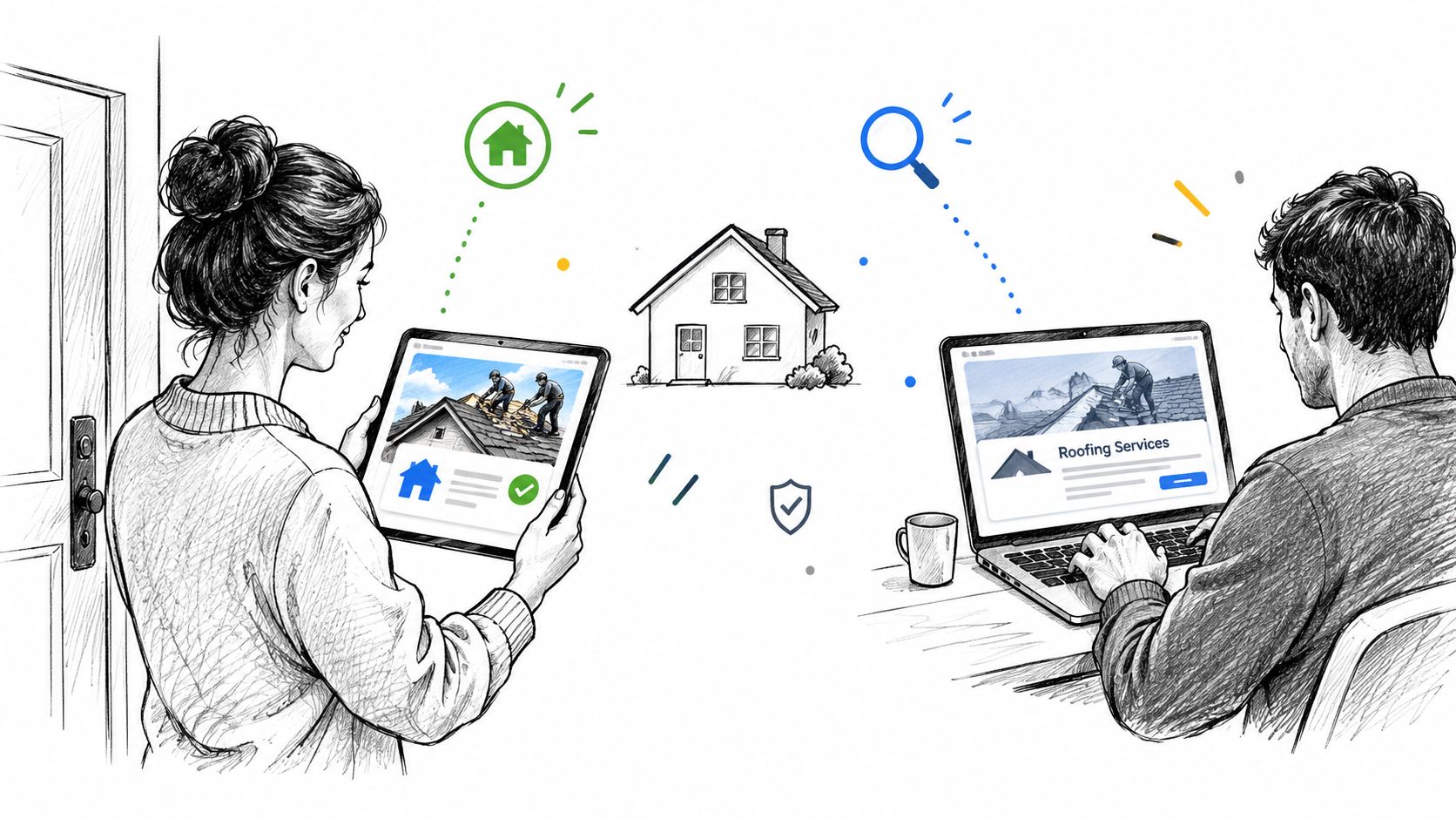 A woman using a tablet and a man using a laptop to research roofing services online.