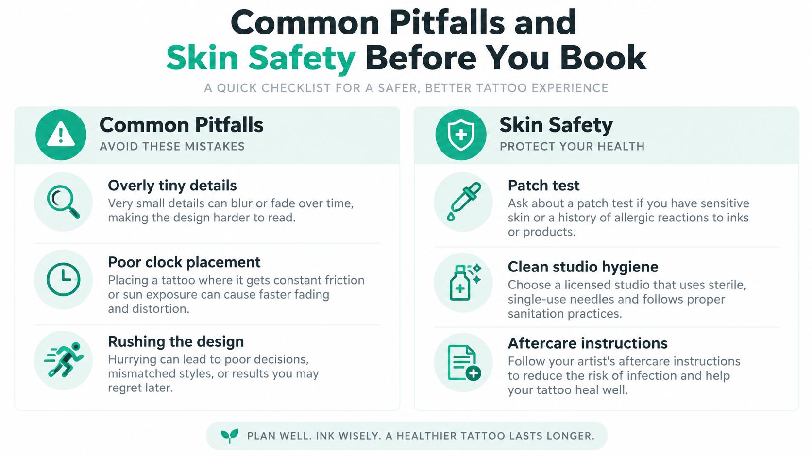 An infographic titled Common Pitfalls and Skin Safety Before You Book featuring tips for choosing tattoos.