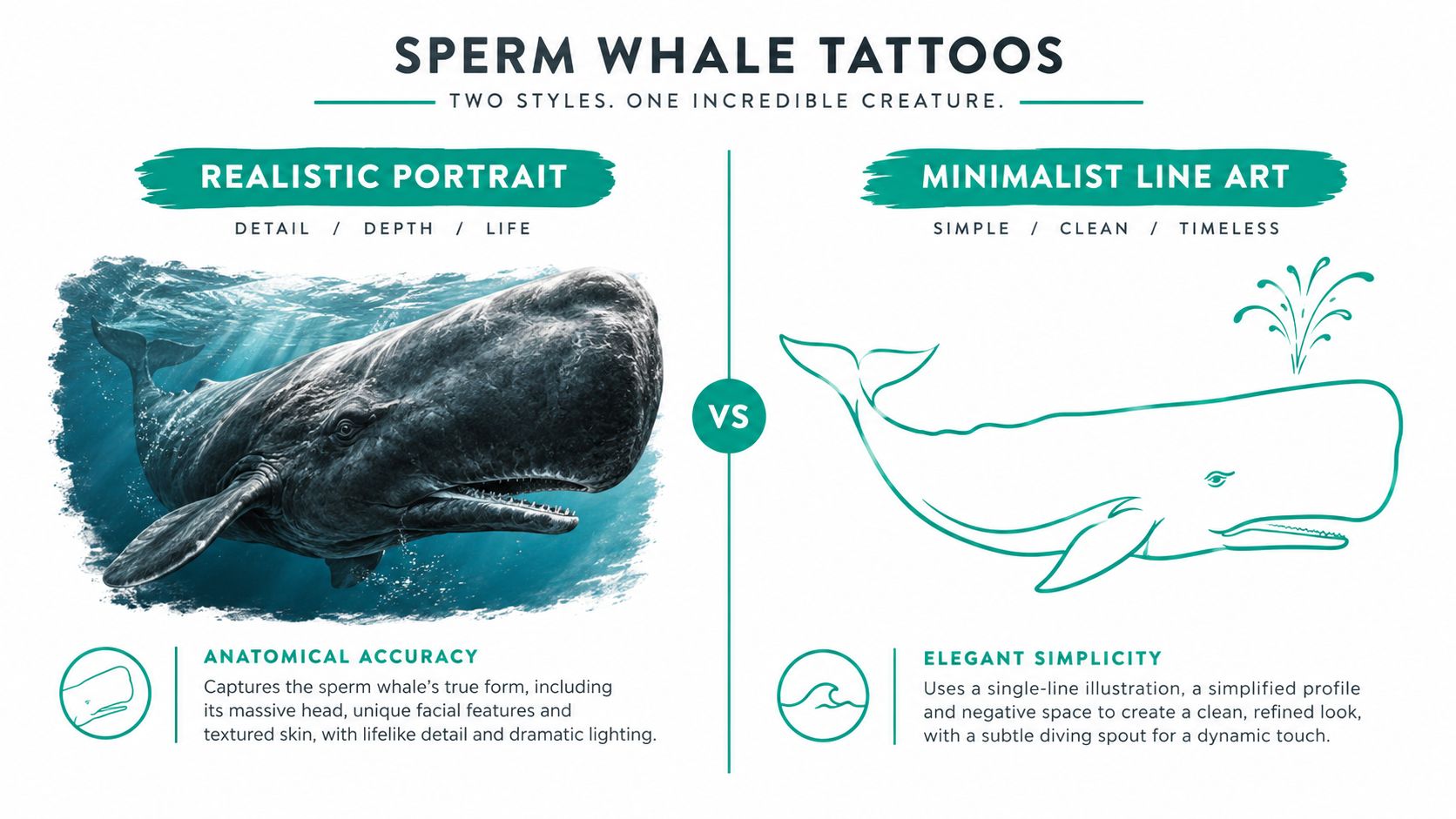 A comparison graphic showing realistic portrait and minimalist line art styles for sperm whale tattoos.