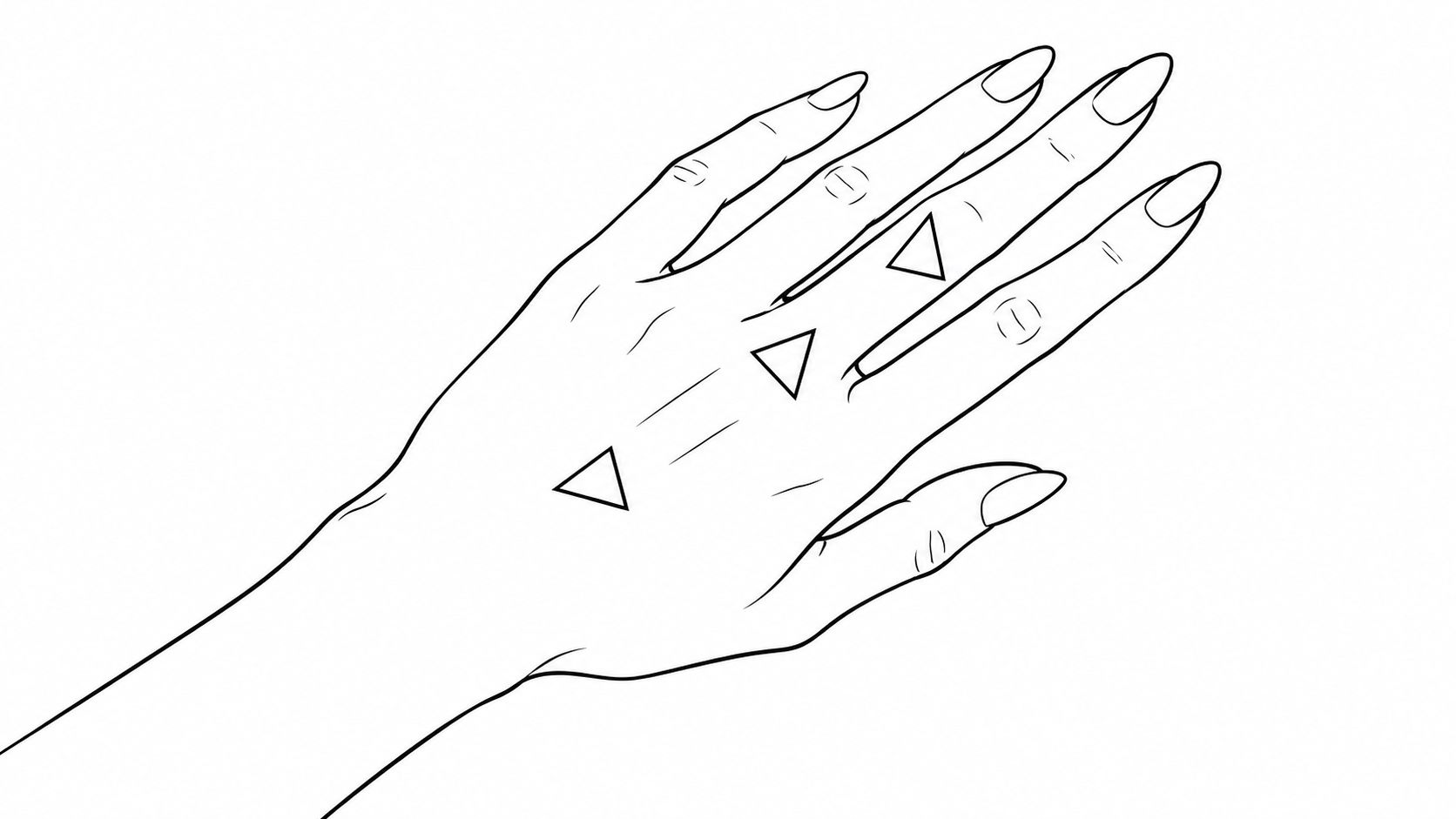 Line art drawing of a human hand featuring several small triangle designs on the back of hand.