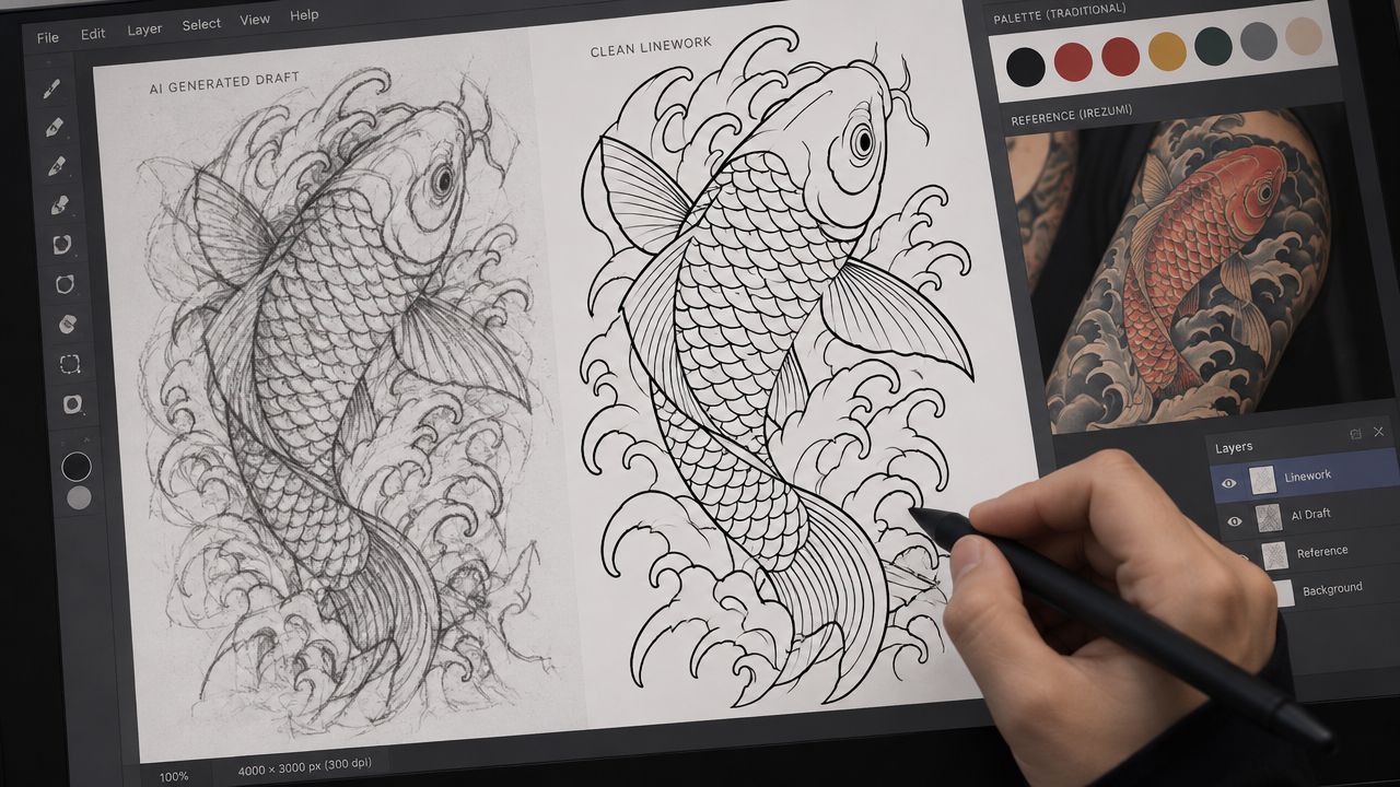 A digital artist uses a stylus on a tablet to trace a koi fish tattoo design.