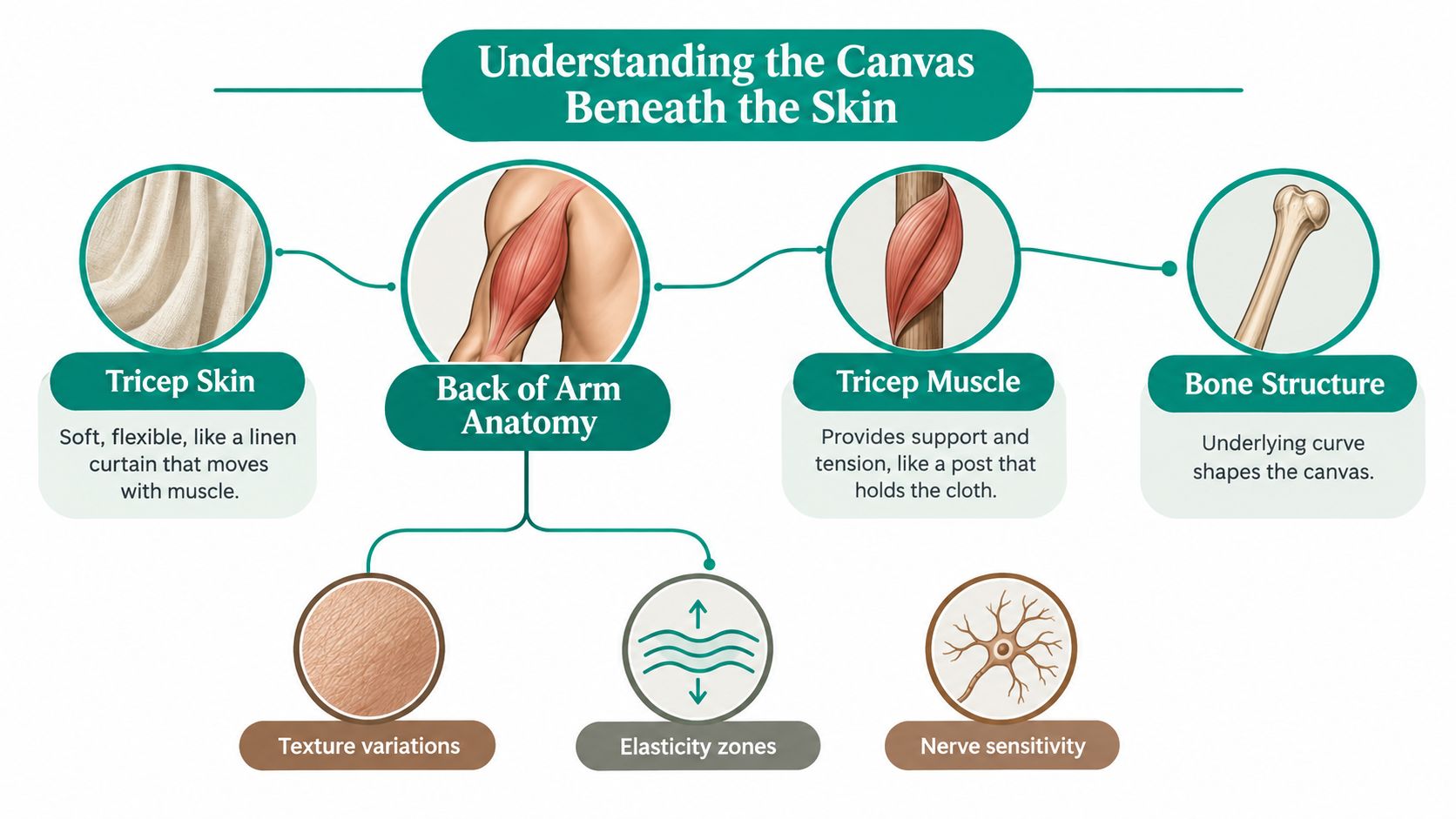 An educational diagram illustrating the anatomical layers of the back of the arm, including skin, muscle, and bone.