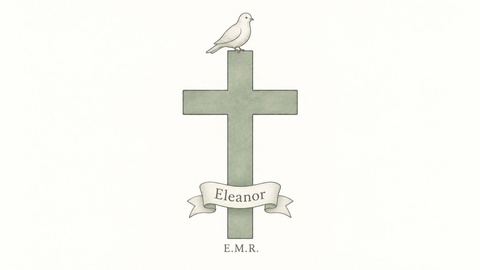 A gentle illustration of a sage green cross with a white dove perched on top and the name Eleanor.