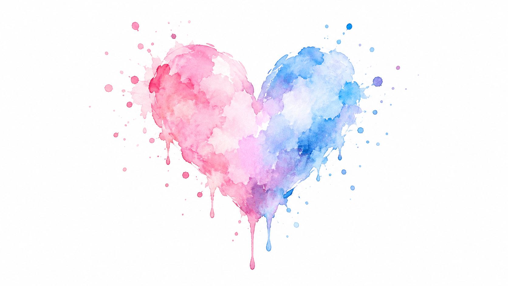 A beautiful watercolor painting of a heart transitioning from pink to blue with artistic paint splatters.