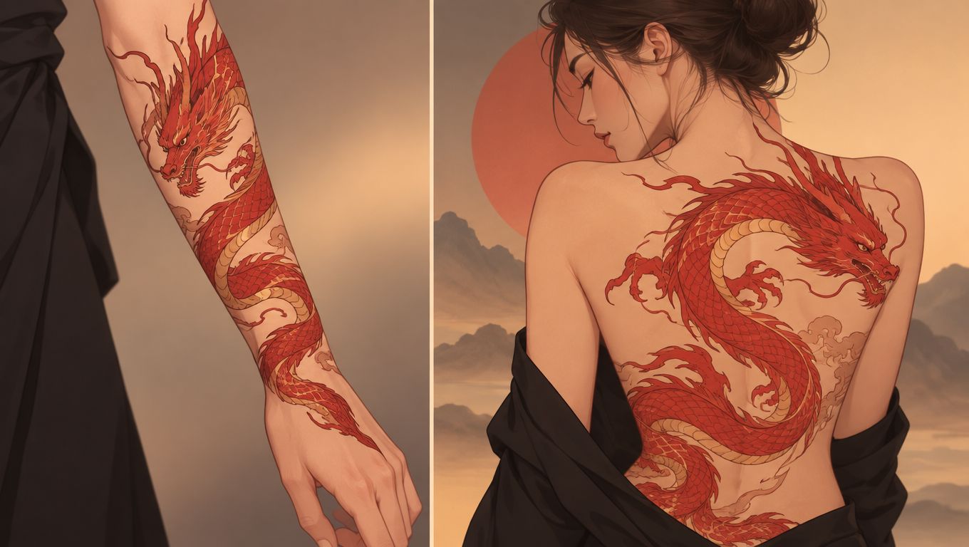 A close-up split screen showing a detailed red dragon tattoo on an arm and a woman's back.