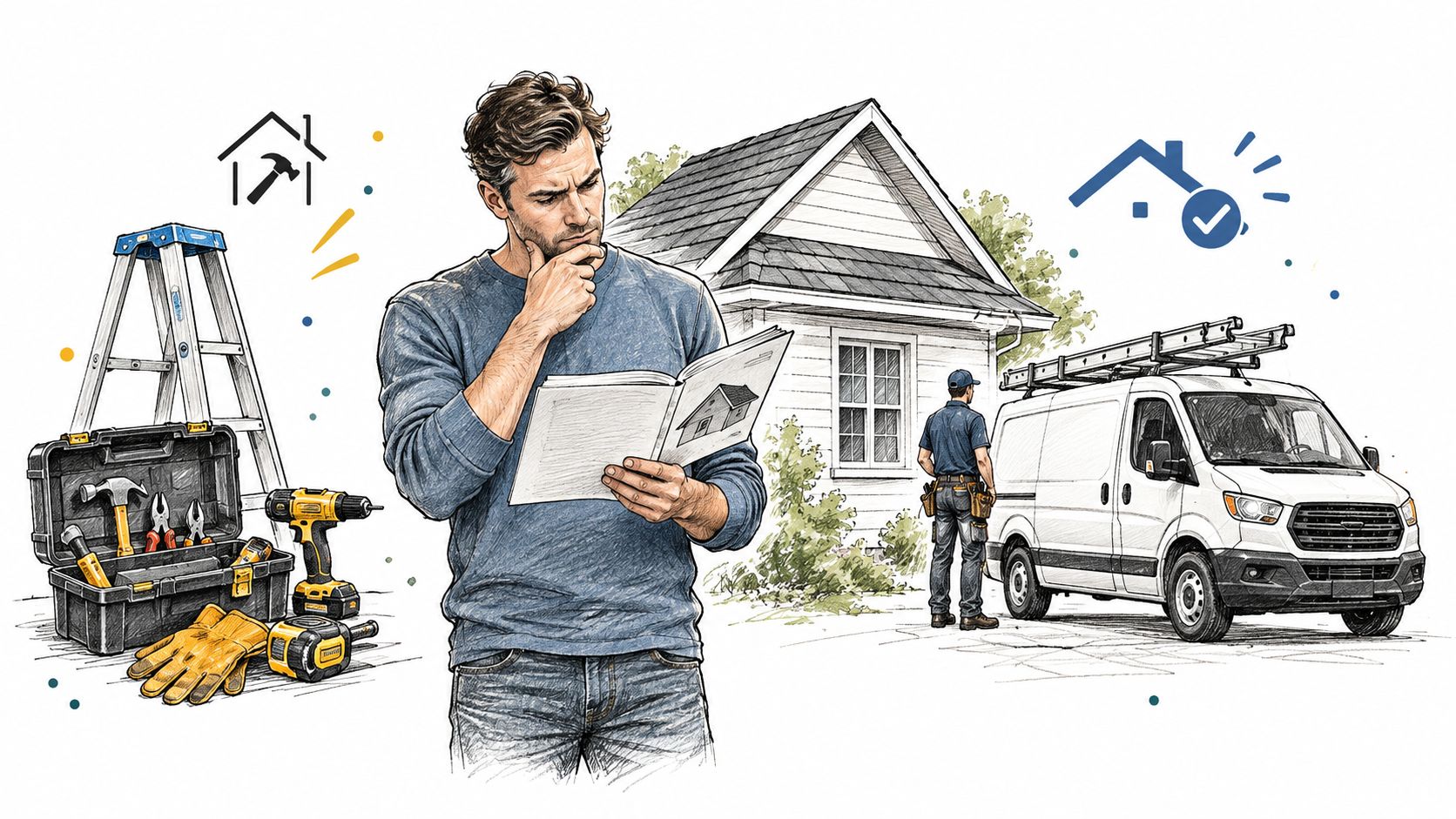 A man reviewing construction blueprints with a toolbox, ladder, house, and service van in the background.