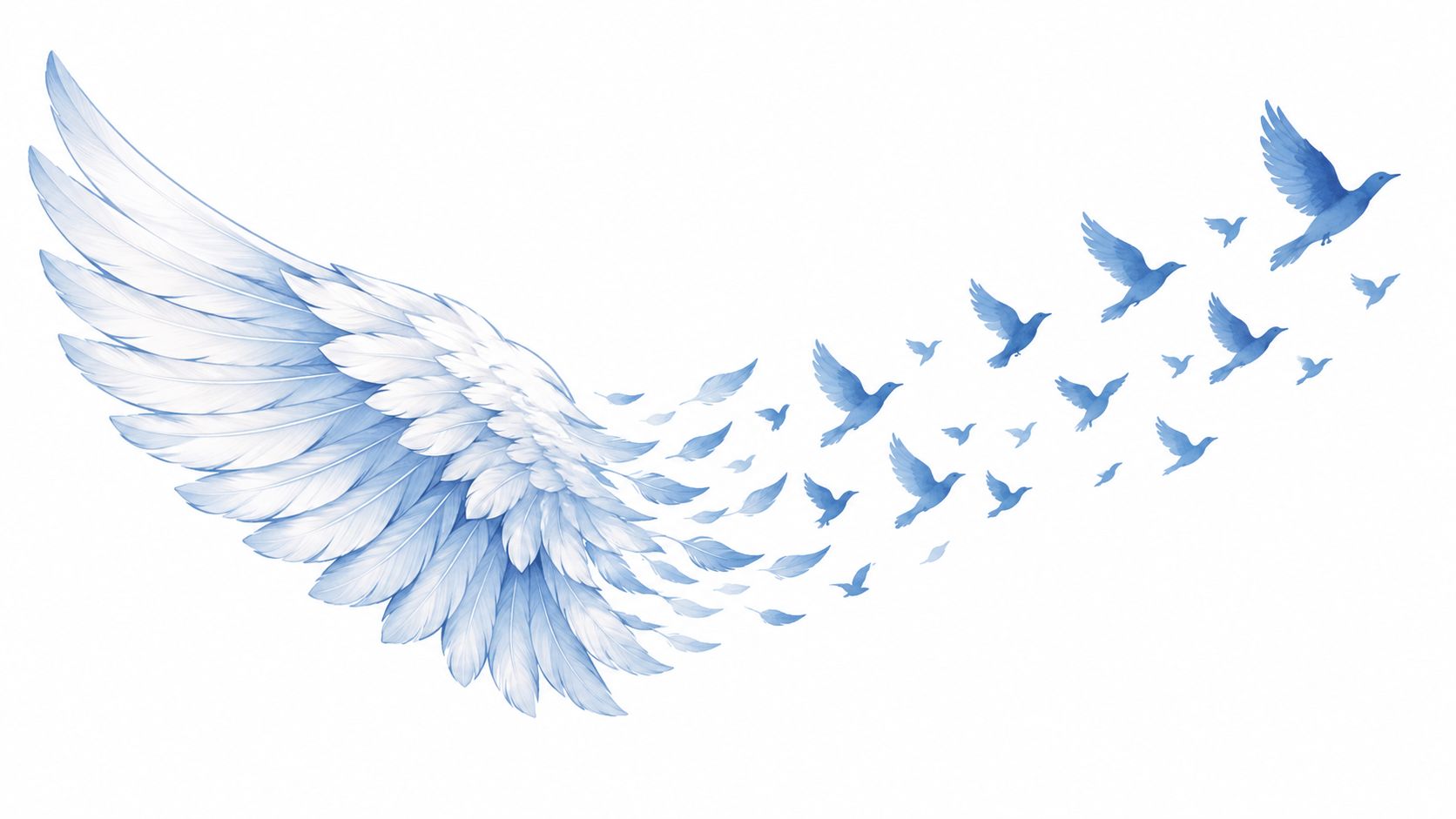 A large, detailed white feathered wing transforming into a flock of small blue birds in flight.