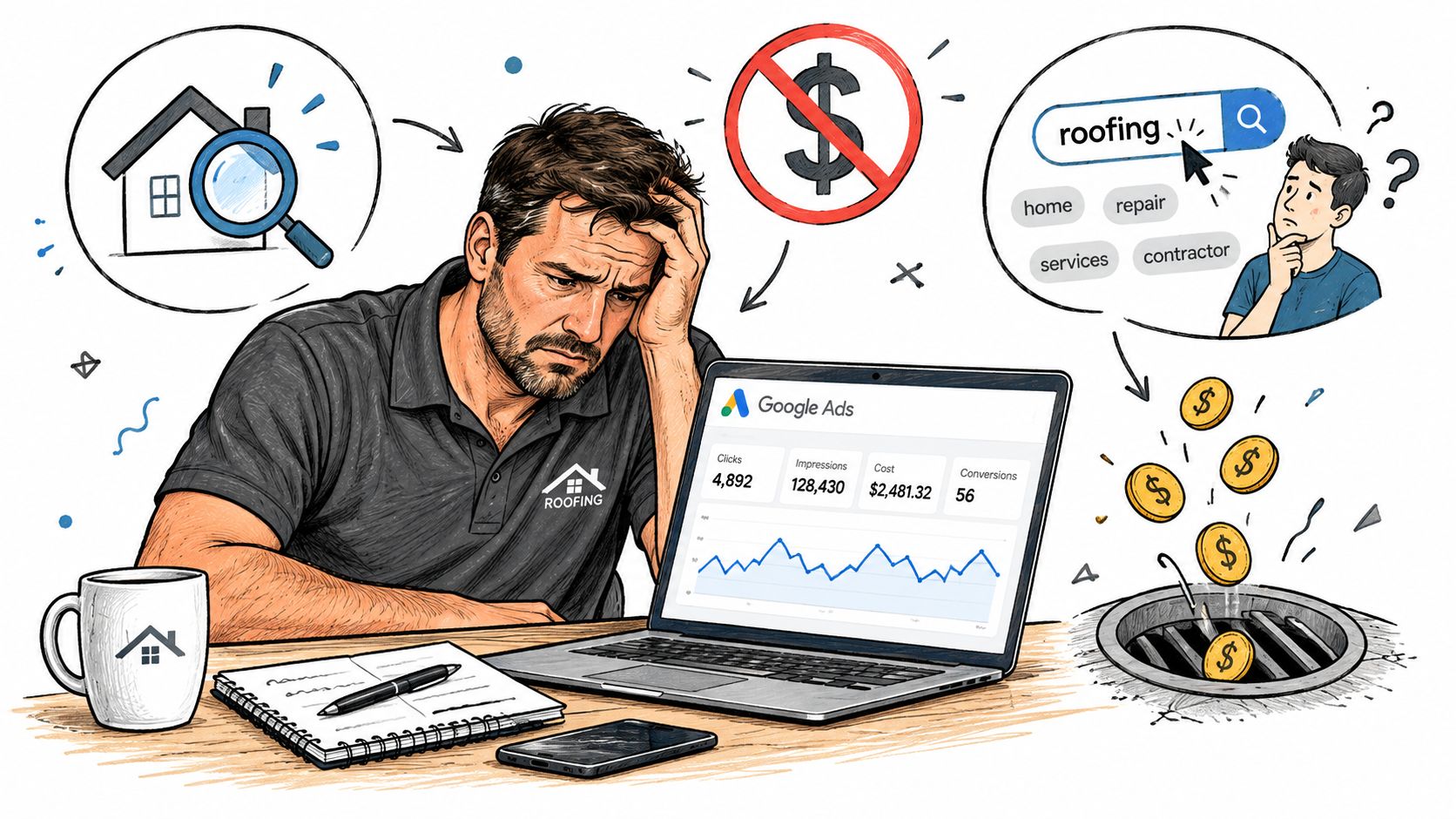 A frustrated business owner looking at Google Ads data showing money being wasted on ineffective advertising campaigns.