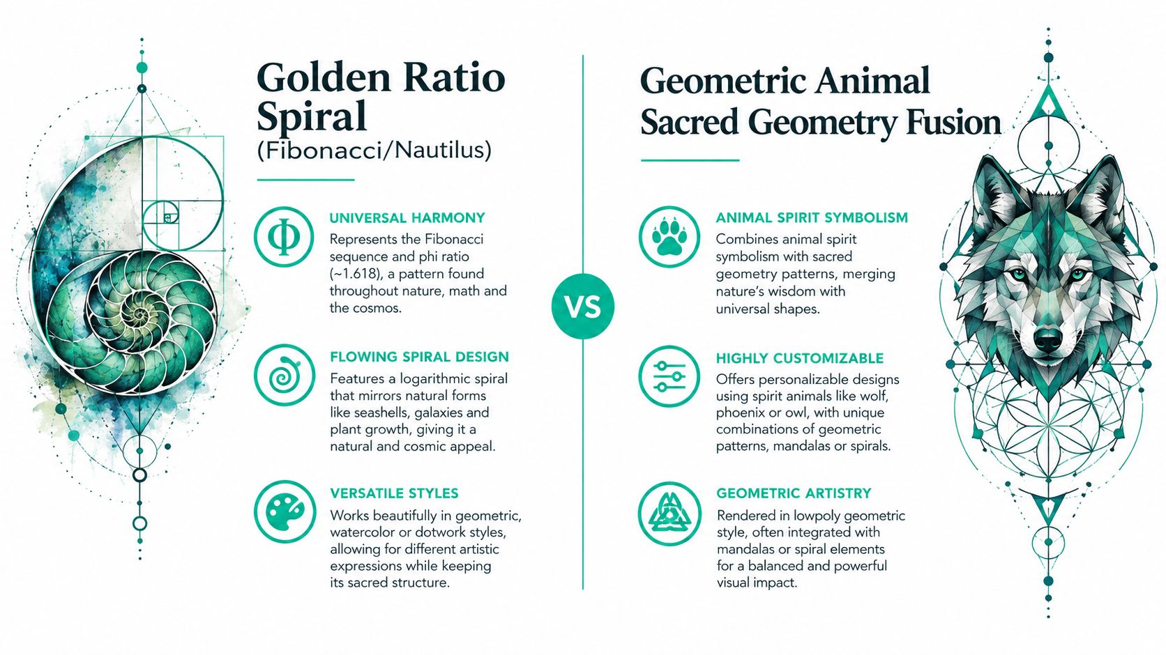 An infographic comparing the design styles of golden ratio spirals and geometric animal sacred geometry tattoos.