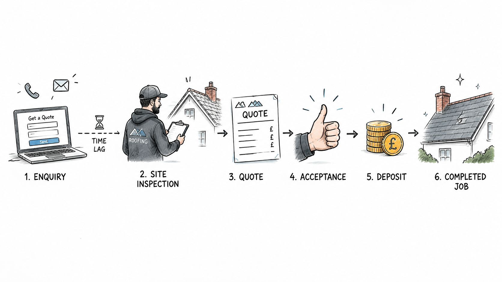 A six-step infographic illustrating the professional roofing service process from initial enquiry to final job completion.