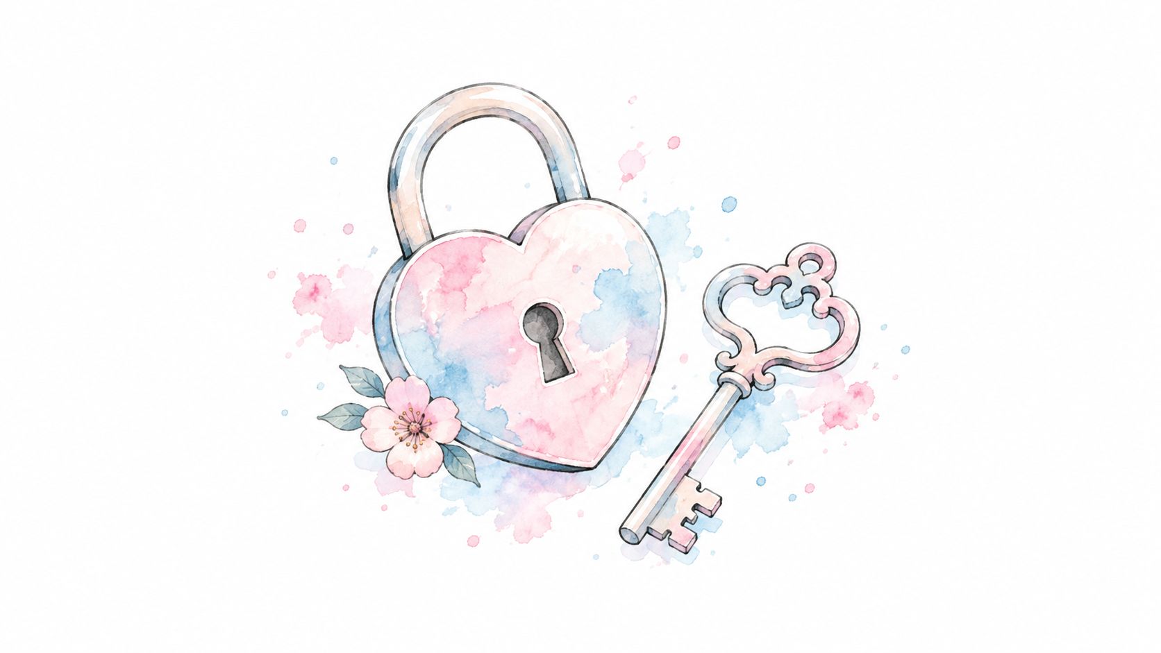 A delicate watercolor painting featuring a heart-shaped padlock with a decorative vintage key and small flower.