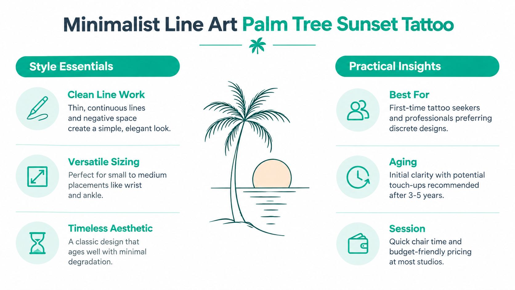 A minimalist infographic highlighting the style essentials and practical benefits of a palm tree sunset tattoo.