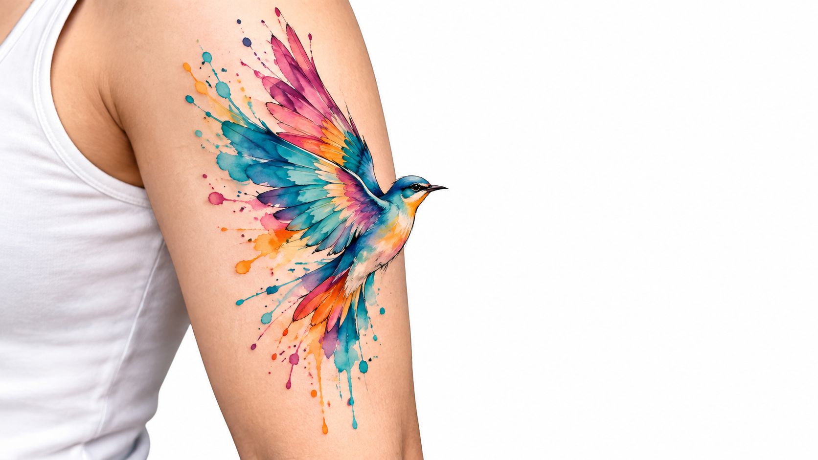 A close-up view of a vibrant watercolor bird tattoo design on a person's upper arm.