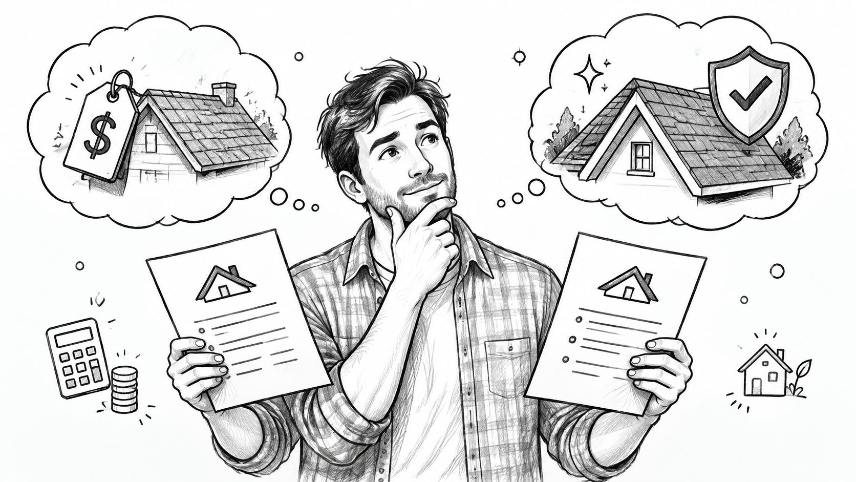 A man thoughtfully comparing property insurance or mortgage documents with financial planning icons in a sketch style.