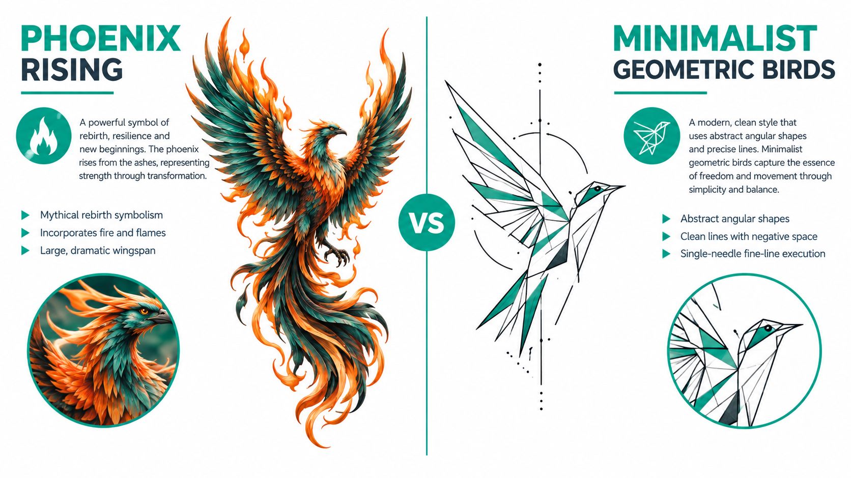 A comparative guide showing a vibrant phoenix tattoo design versus a modern minimalist geometric bird tattoo style.