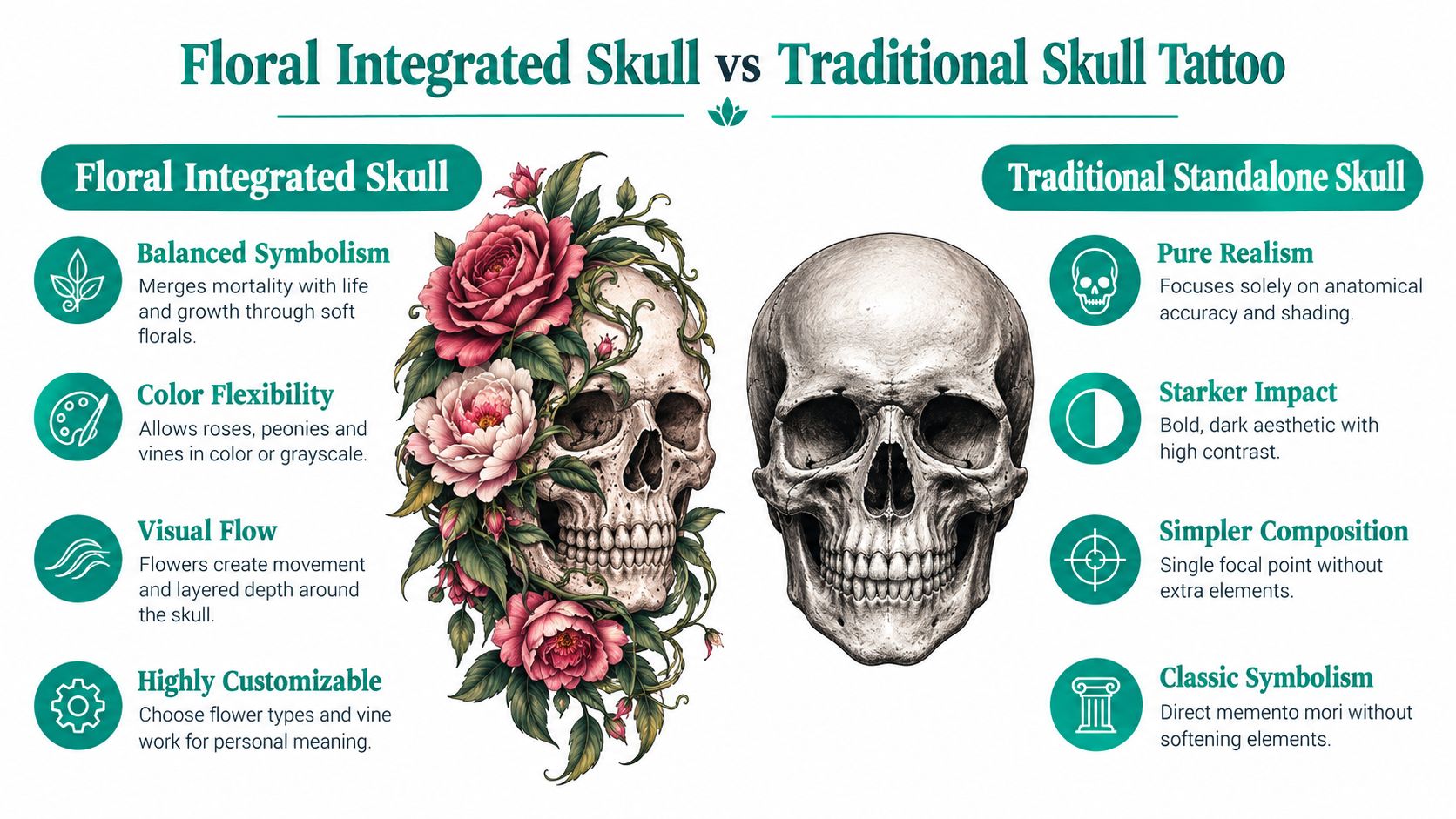 A comparison infographic between a floral integrated skull tattoo and a traditional standalone realistic skull tattoo design.