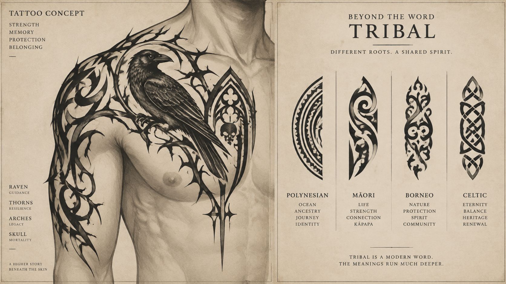 A detailed conceptual design for a gothic tattoo featuring a raven perched on thorny branches and arches.