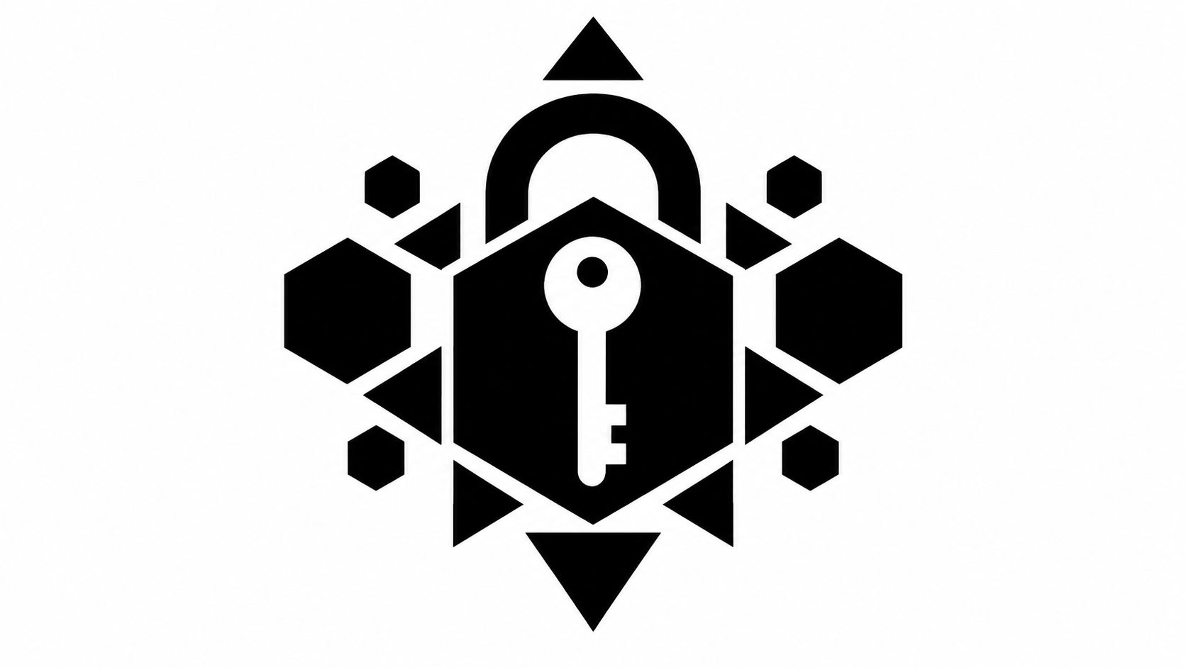 A minimalist black and white graphic design featuring a stylized padlock with a keyhole and surrounding geometric shapes.