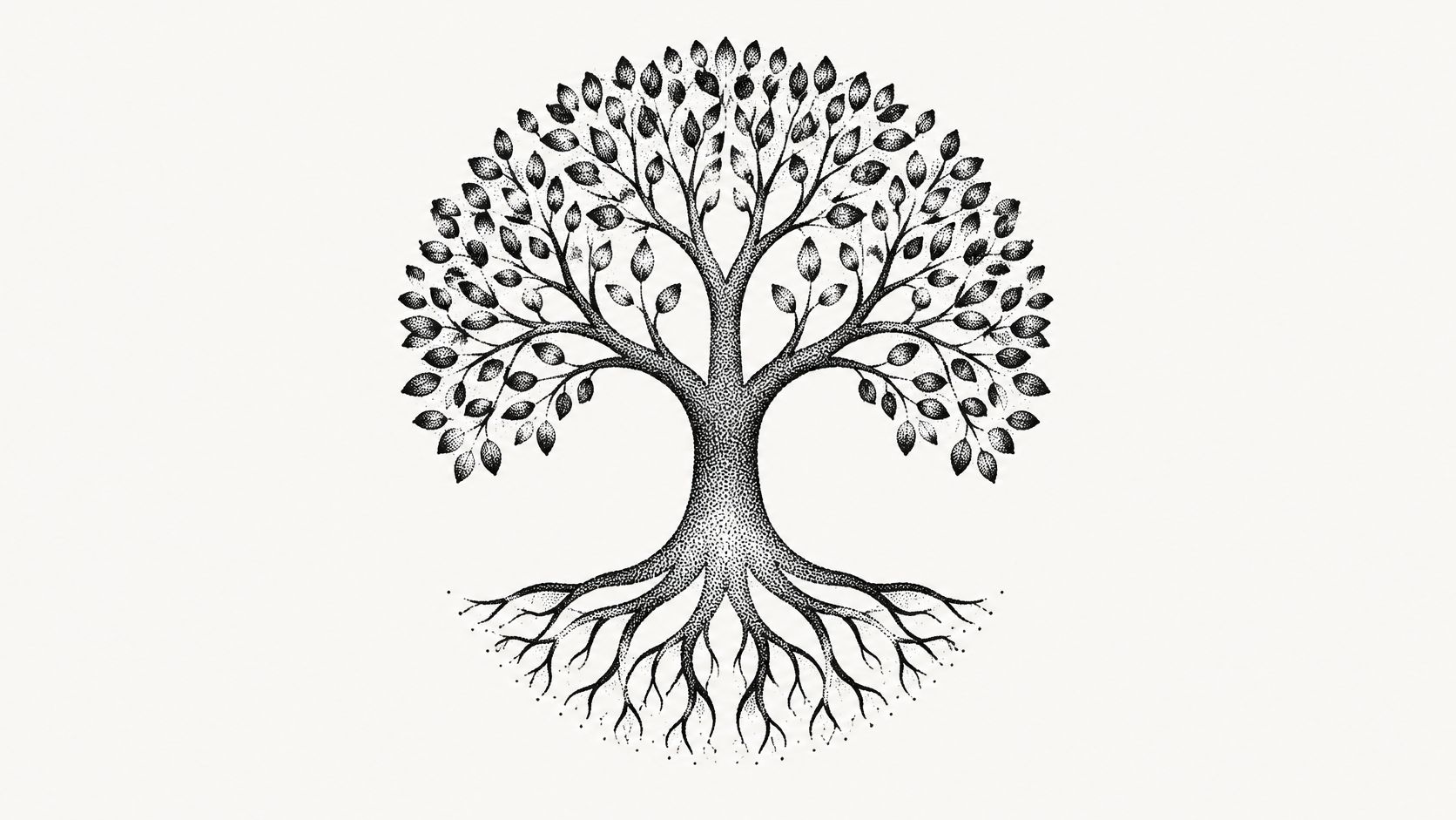 A detailed black and white stippled illustration of a tree featuring expansive branches and intricate roots.