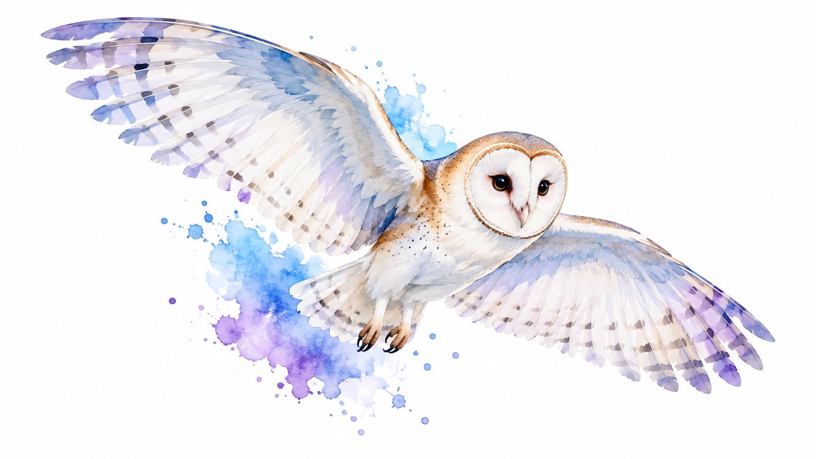 A beautiful watercolor illustration of a barn owl in flight against a white background with blue splashes.