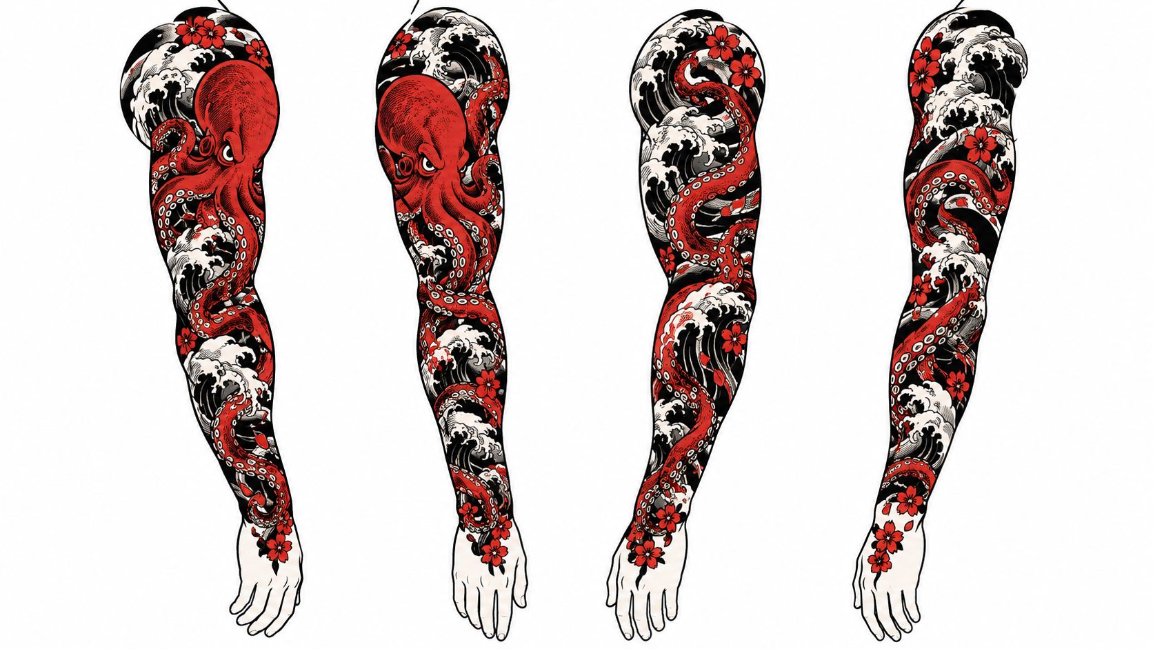 A digital design showing a detailed red octopus and cherry blossom Japanese style tattoo arm sleeve.