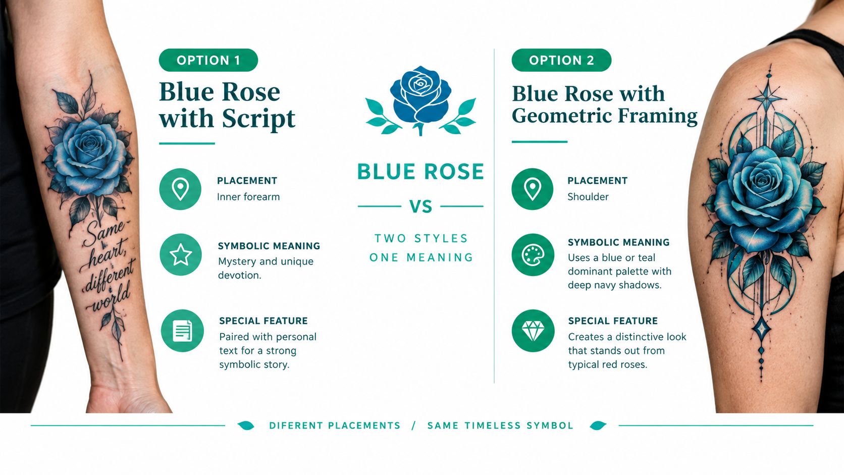 An infographic comparing two blue rose tattoo styles, one with script and one with geometric framing.