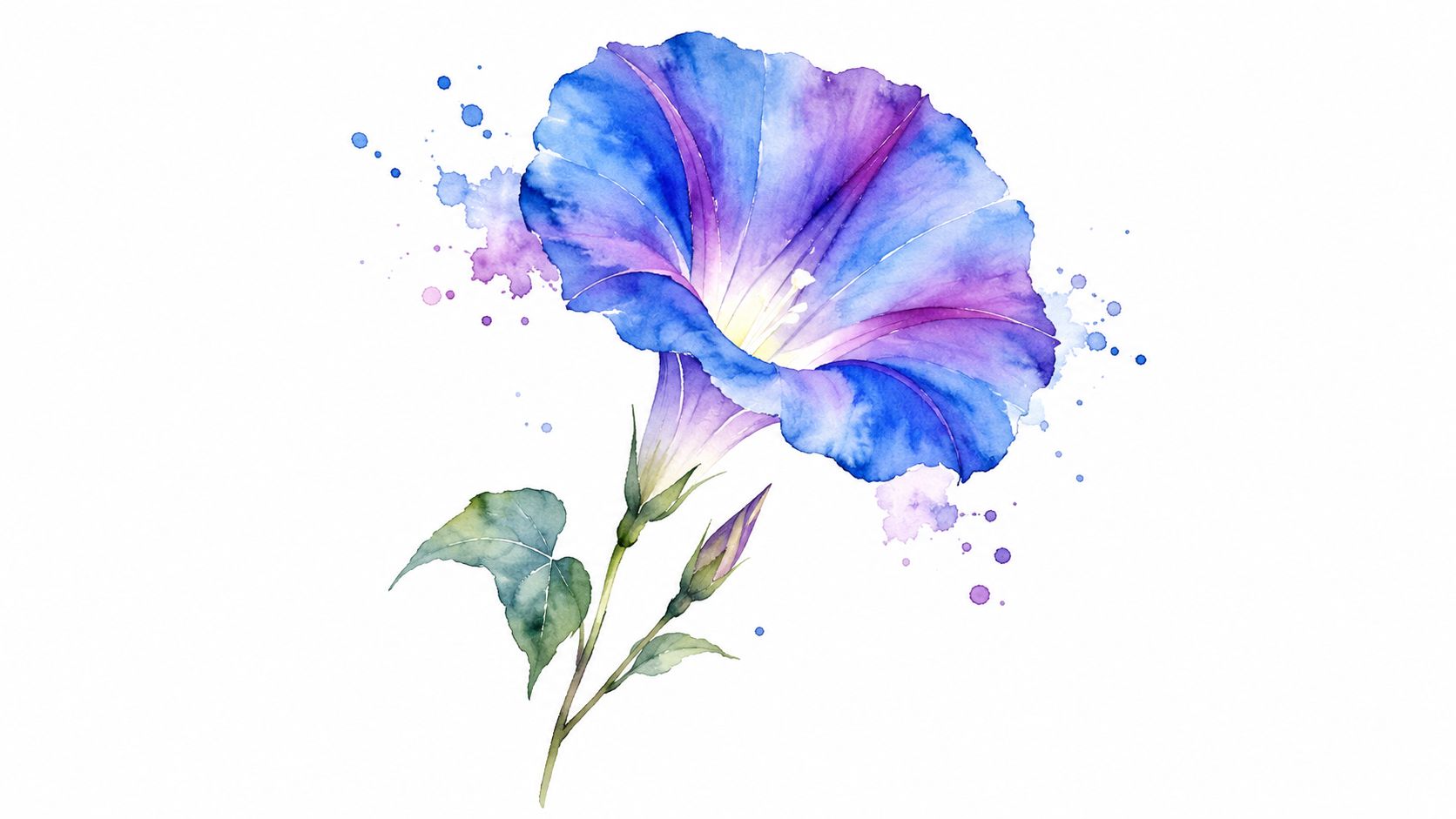 A beautiful watercolor painting of a blue morning glory flower with green leaves and artistic paint splatters.